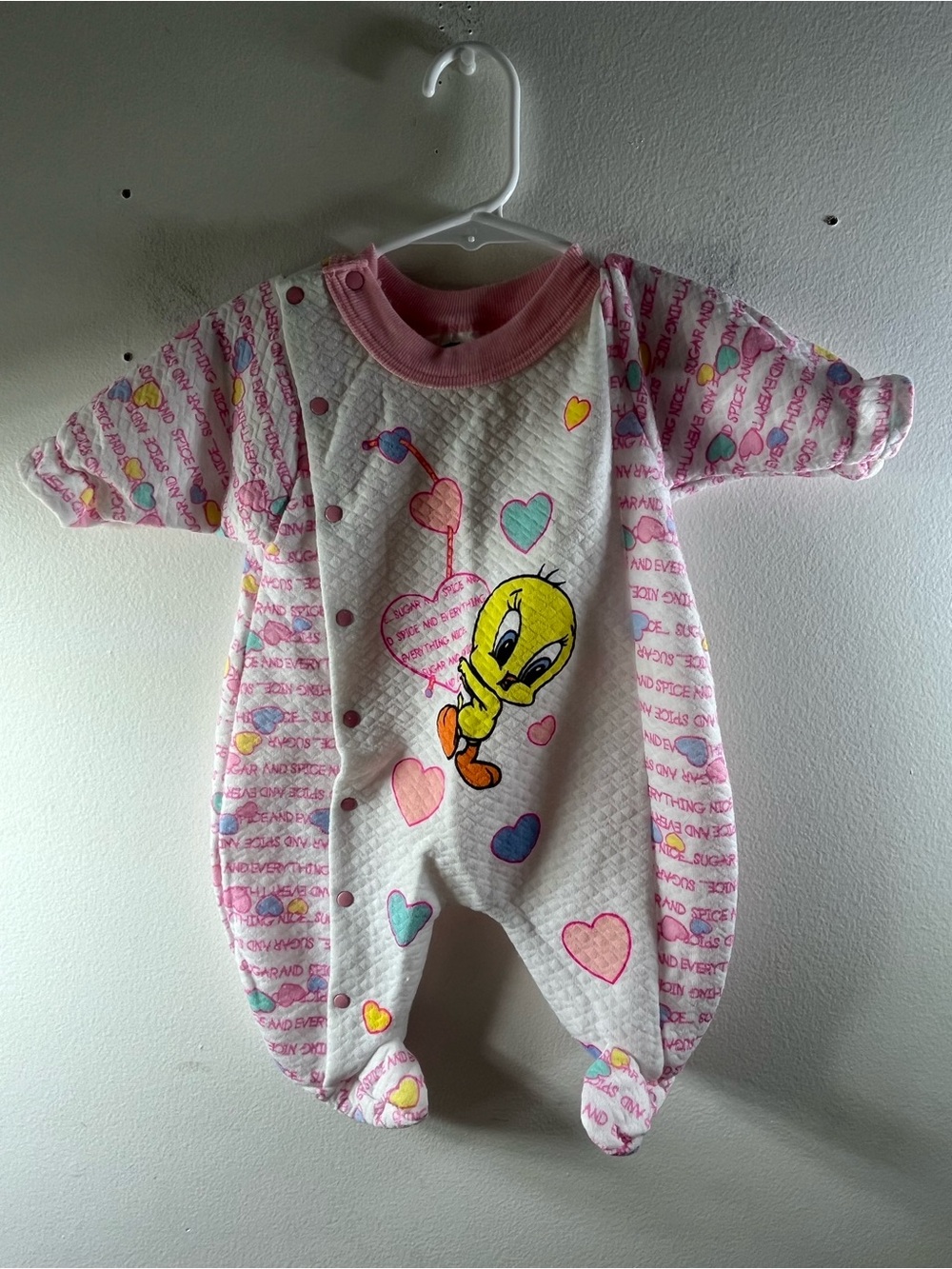 Vintage 1998 Baby Looney Tunes Tweety Bird Footed Sleeper Romper Sugar Spice